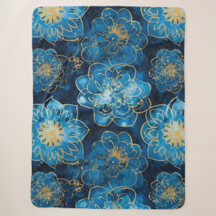 Elegant Blue and Gold Floral - Stylish Botanical Sherpa Blanket