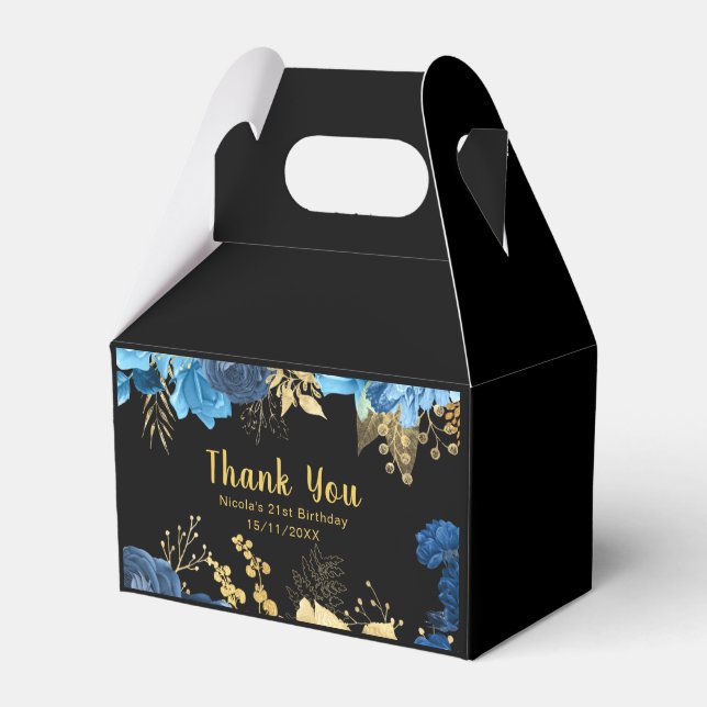 Elegant Blue and Gold Flowers Birthday Party Favor Box (Front Side)