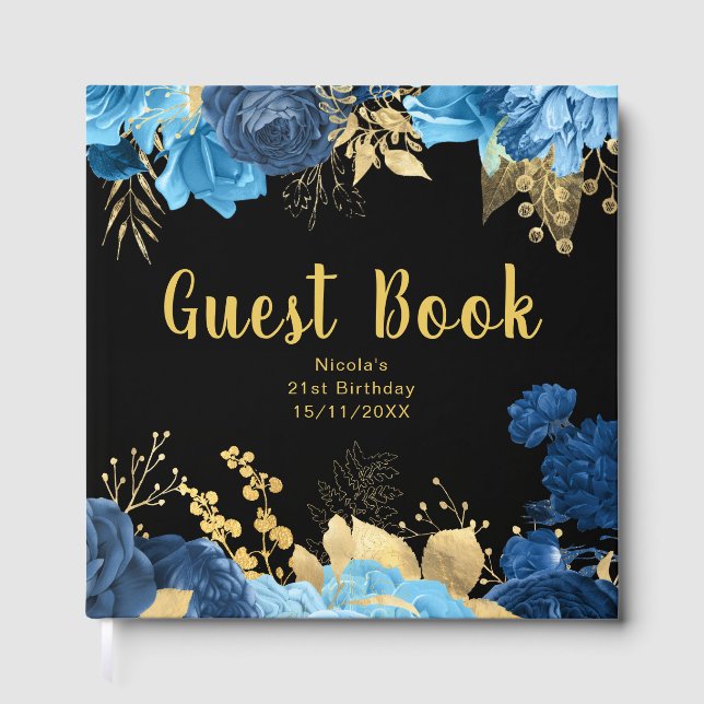 Elegant Blue and Gold Flowers Birthday Party Guest Book (Front)