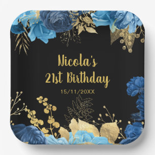 Elegant Blue and Gold Flowers Birthday Party Paper Plate