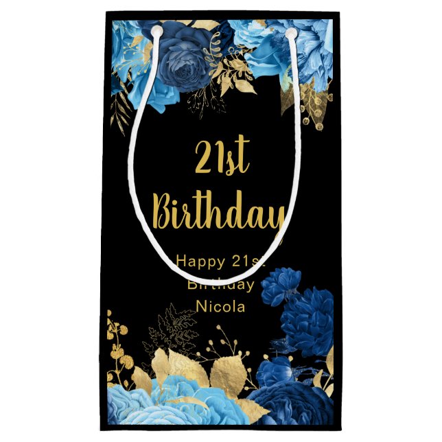 Elegant Blue and Gold Flowers Birthday Party Small Gift Bag (Front)