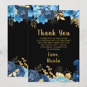 Elegant Blue and Gold Flowers Birthday Party Thank You Card