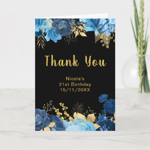Elegant Blue and Gold Flowers Birthday Party Thank You Card