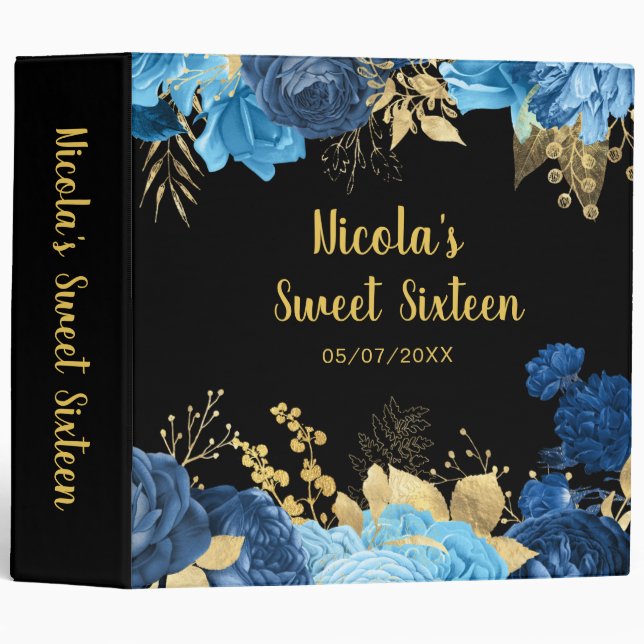 Elegant Blue and Gold Flowers Sweet Sixteen Binder (Front/Spine)