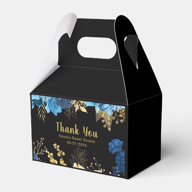 Elegant Blue and Gold Flowers Sweet Sixteen Favor Box (Front Side)