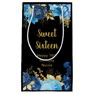 Elegant Blue and Gold Flowers Sweet Sixteen Small Gift Bag