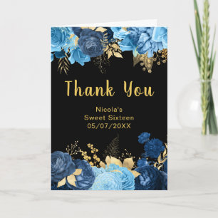 Elegant Blue and Gold Flowers Sweet Sixteen Thank You Card