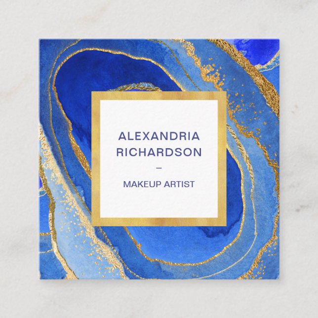 Elegant Blue and Gold Geode Square Business Card (Front)