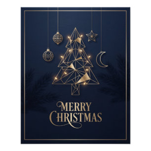 Elegant Blue and Gold Geometric Christmas Tree Poster