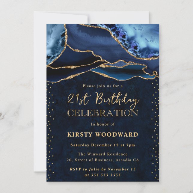 Elegant Blue and Gold Glitter Agate 21st Birthday Invitation (Front)