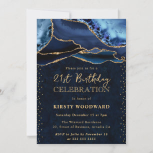 Elegant Blue and Gold Glitter Agate 21st Birthday Invitation