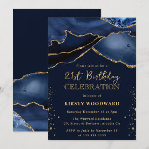 Elegant Blue and Gold Glitter Agate 21st Birthday Invitation