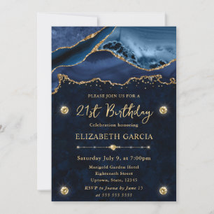 Elegant Blue and Gold Glitter Agate 21st Birthday Invitation