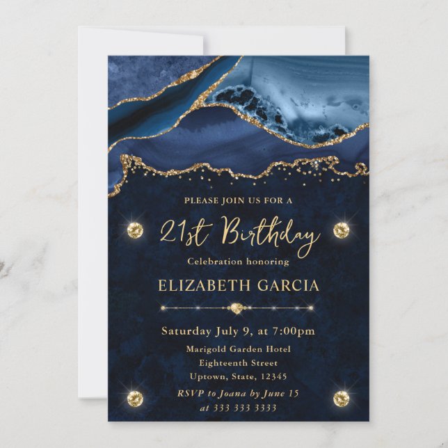 Elegant Blue and Gold Glitter Agate 21st Birthday Invitation (Front)