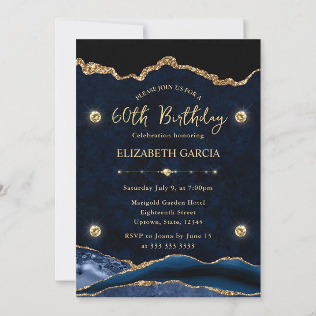 Elegant Blue and Gold Glitter Agate 60th Birthday Invitation (Front)