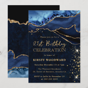 Elegant Blue and Gold Glitter Agate Birthday Invitation