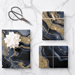 Elegant Blue and Gold Glitter Agate Birthday Wrapping Paper Sheet