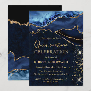 Elegant Blue and Gold Glitter Agate Quinceanera Invitation