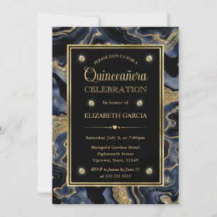 Elegant Blue and Gold Glitter Agate Quinceanera Invitation