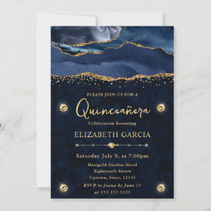 Elegant Blue and Gold Glitter Agate Quinceanera Invitation