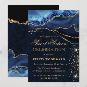 Elegant Blue and Gold Glitter Agate Sweet 16 Invitation