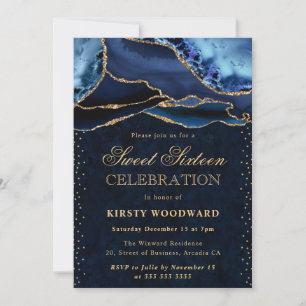 Elegant Blue and Gold Glitter Agate Sweet 16 Invitation