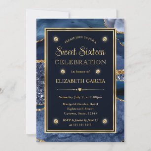 Elegant Blue and Gold Glitter Agate Sweet Sixteen Invitation