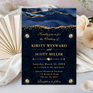 Elegant Blue and Gold Glitter Agate Wedding Invitation