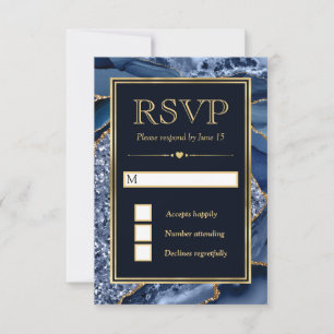 Elegant Blue and Gold Glitter Agate Wedding RSVP Card