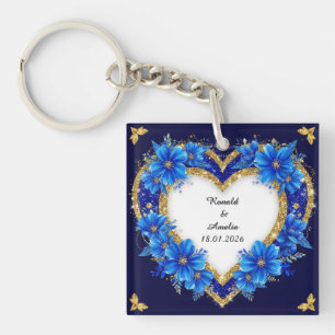 Elegant Blue and Gold Heart Frame Keychain