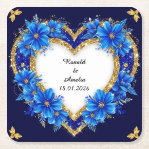 Elegant Blue and Gold Heart Frame Square Paper Coaster