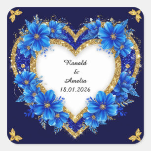 Elegant Blue and Gold Heart Frame Square Sticker