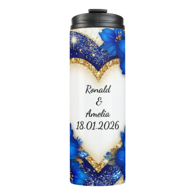 Elegant Blue and Gold Heart Frame Thermal Tumbler (Front)