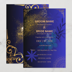 Elegant Blue and Gold Indian Wedding Invitation