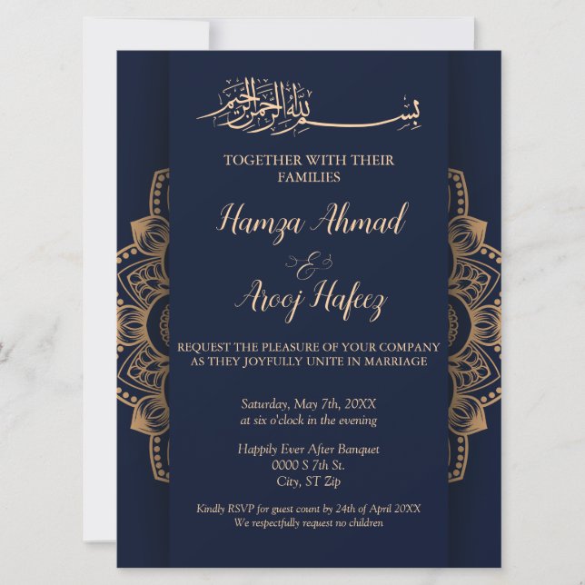 Elegant Blue and Gold Islamic Muslim Wedding Invitation (Front)