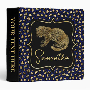Elegant Blue and Gold Leopard and Spots Pattern Binder