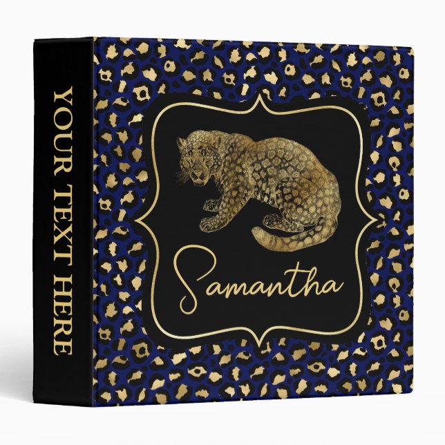 Elegant Blue and Gold Leopard and Spots Pattern Binder (Front/Spine)
