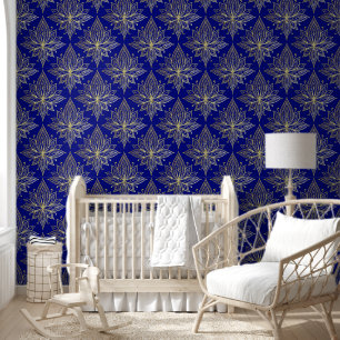 Elegant Blue and Gold Lotus Damask Wallpaper