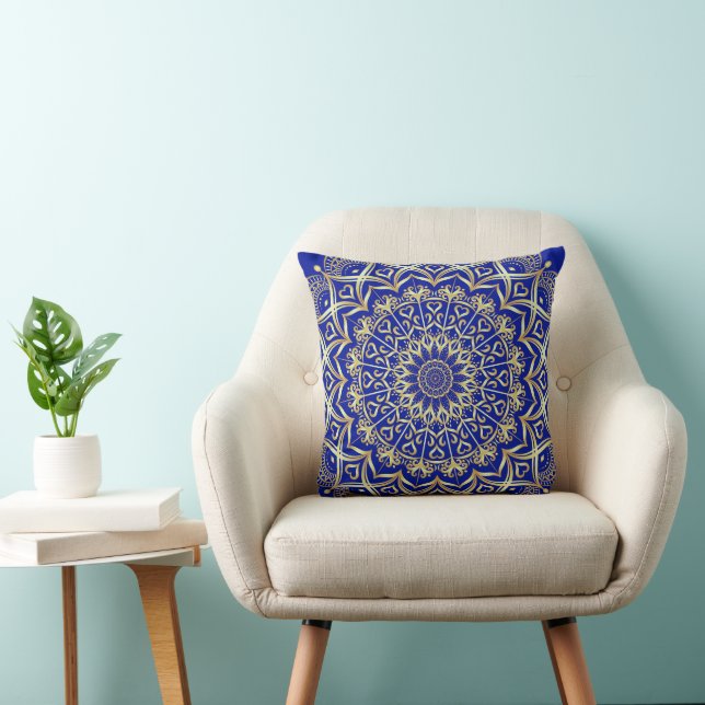 Elegant Blue and Gold Mandala Boho Throw Pillow (Chair)