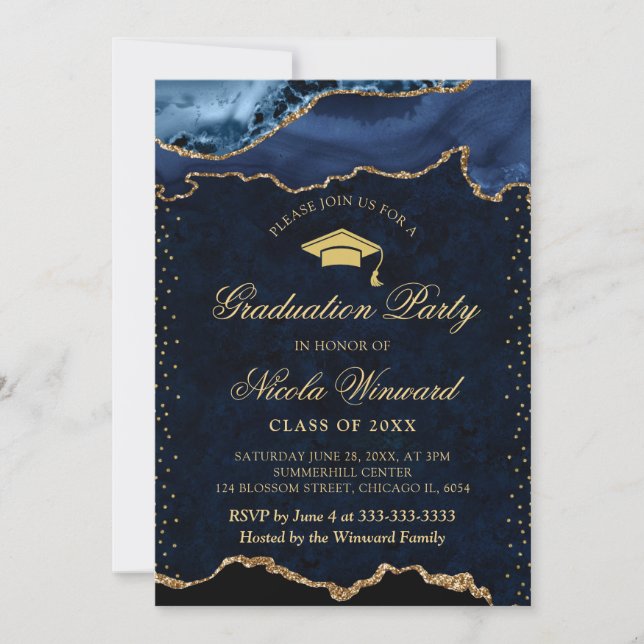 Elegant Blue and Gold Marble Agate Graduation Invitation (Front)