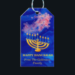 Elegant Blue And Gold Menorah Happy Hanukkah  Gift Tags<br><div class="desc">Elegant Blue And Gold Menorah Happy Hanukkah Gift Tags features blue liquid marble texture , pink watercolor flowers, family name template & Hanukkah candles.A perfect design for Hanukkah.Please click on personalize button to customize it with your own text.</div>