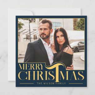 Elegant Blue and Gold Merry Christmas Family Photo Holiday Card