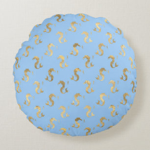 Elegant Blue and Gold Nautical & Vintage Patterns Round Pillow