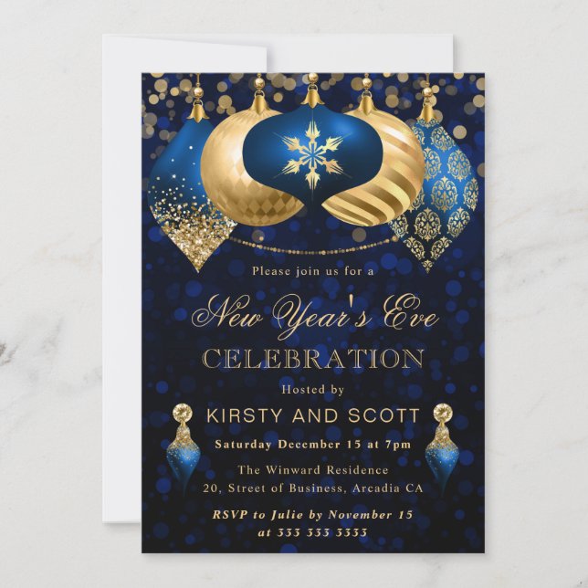 Elegant Blue and Gold New Year’s Eve Party Invitation (Front)