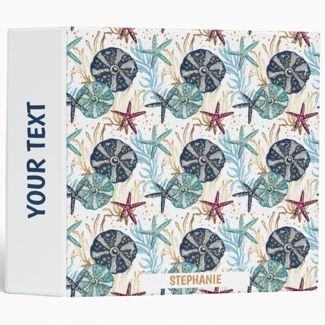 Elegant Blue and Gold Ocean Treasures Pattern Binder (Front/Spine)
