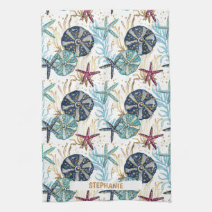 Elegant Blue and Gold Ocean Treasures Pattern Kitchen Towel