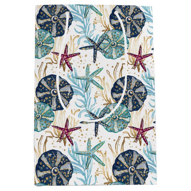Elegant Blue and Gold Ocean Treasures Pattern Medium Gift Bag (Front)