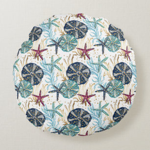 Elegant Blue and Gold Ocean Treasures Pattern Round Pillow