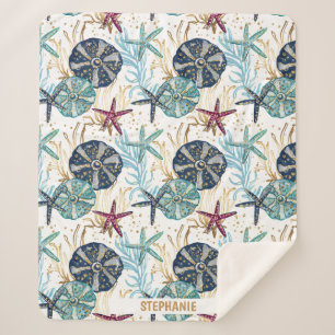 Elegant Blue and Gold Ocean Treasures Pattern Sherpa Blanket