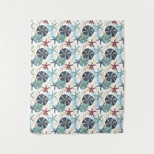 Elegant Blue and Gold Ocean Treasures Pattern Tapestry (Front)